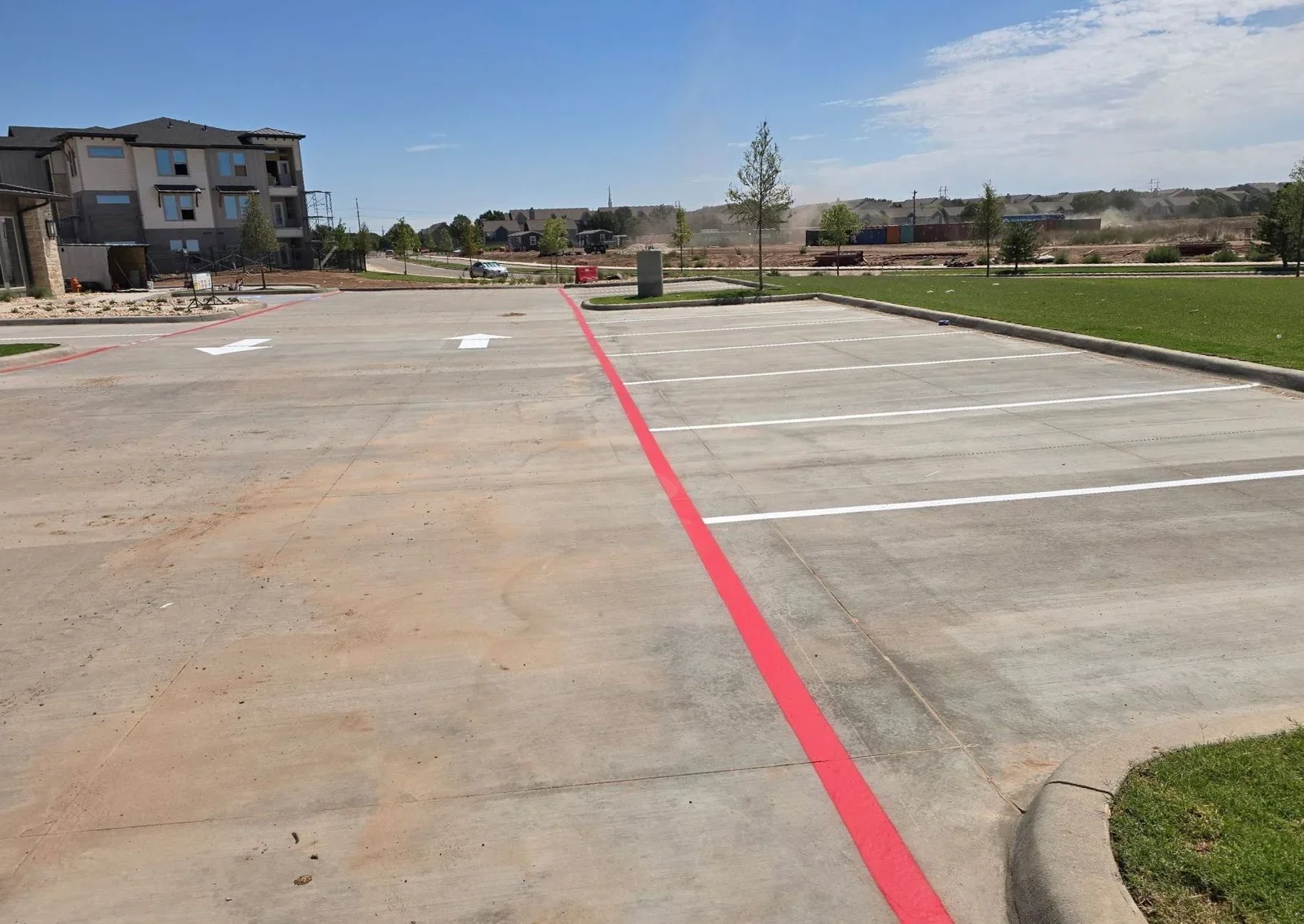 Striped: white stalls and a red fire lane
