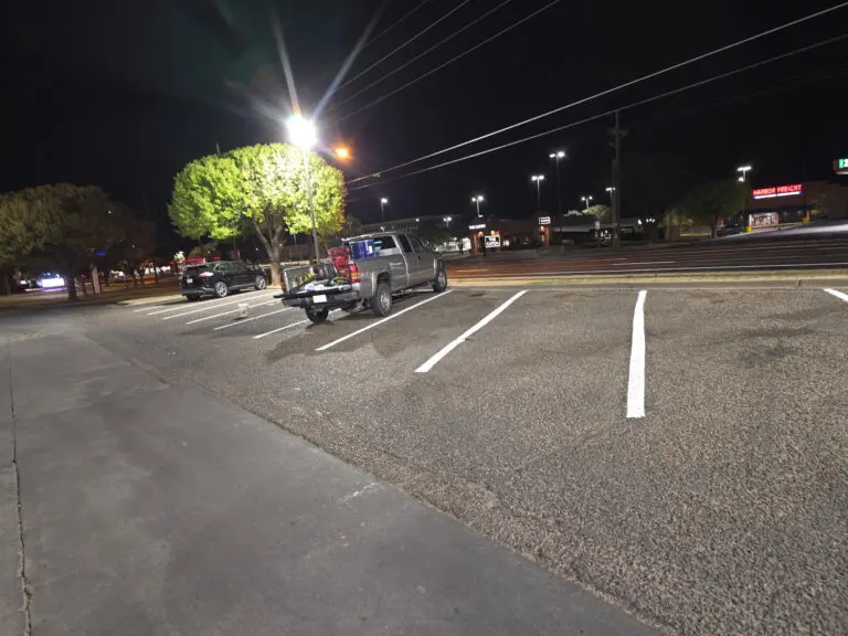 Parking stall lines under lot lights