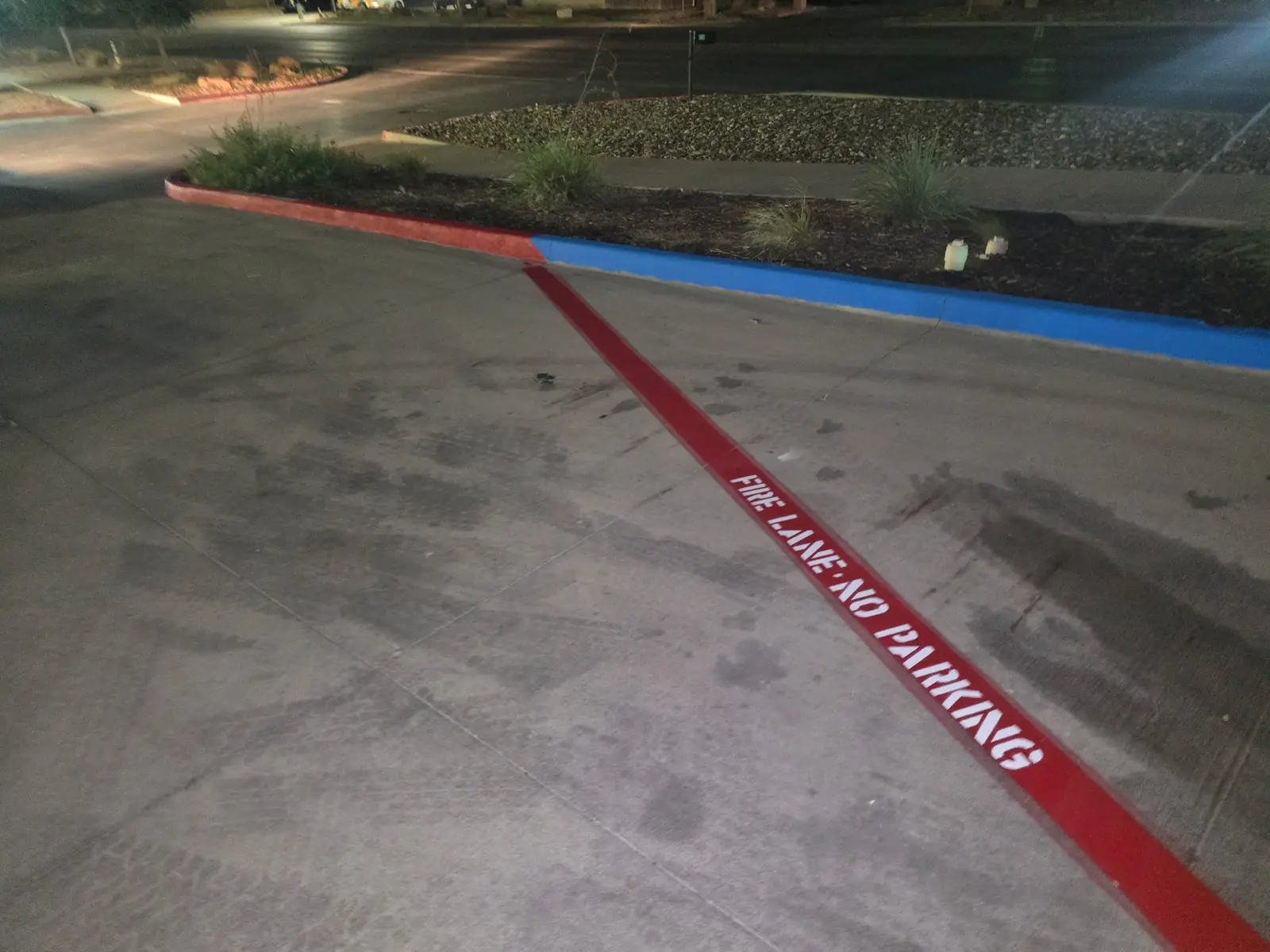 Red fire lane stenciled NO PARKING beside a blue curb