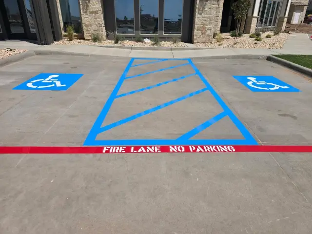 Accessible spaces, crosshatch and FIRE LANE NO PARKING